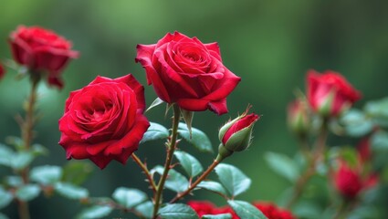 A lush garden scene featuring a blooming red blossom