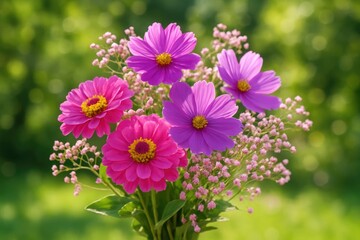 Obraz premium Colorful bouquet of fresh spring flowers showcasing bright pink and purple petals with soft pink baby's breath in sunlight