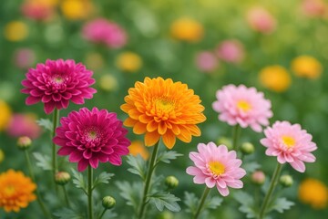Brightly colored chrysanthemum flowers in a scenic outdoor environment