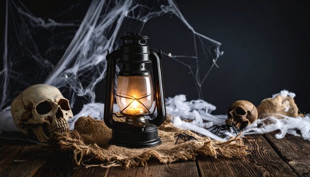 Eerie Halloween scene with a glowing vintage lantern, chilling human skulls, and draped cobwebs on a rustic wooden table, evoking a mysterious and spooky atmosphere for the holiday.