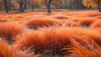 Autumnal orange grasses blanket the terrain, radiating warmth and flickering like flames in the gentle breeze.