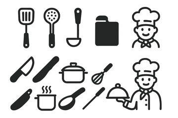 Kitchen utensil and chef icon set. Cooking, culinary tools. Vector collection of kitchenware, pot, knife, spatula for restaurant menu, food preparation. Gastronomy symbols.