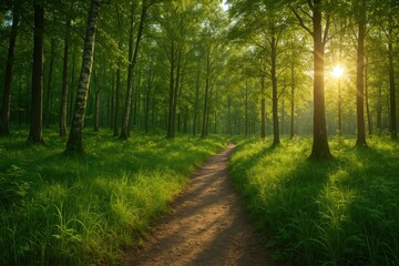 Fototapeta premium Serene forest vista showcasing a small walking path amid vibrant foliage