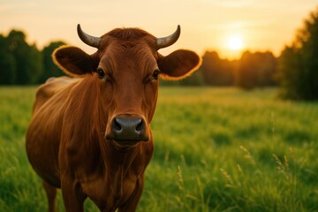 Elegant image of a brown bovine in a grassy meadow