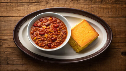 Gluten free concept ,Delicious gluten free cornbread served with hearty chili rustic wooden table, perfect for comfort food