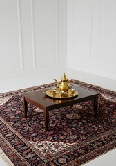 Golden tea set ready to serve on elegant carpet with rich, traditional design
