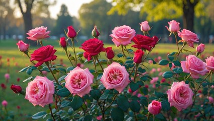 A park's vibrant roses captured during noon hours