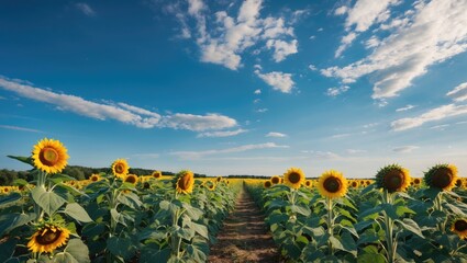 Obraz premium Vast sunflower plains under a clear blue sky