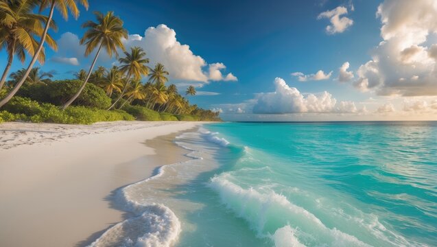 A tranquil beach featuring soft white sands and transparent blue waters, a true haven for relaxation.