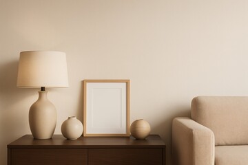 Modern side table with lamp and photo frame in cozy living space