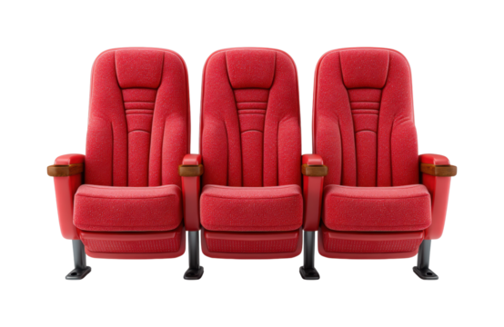 Comfortable red theater seats cinema hall furniture interior seating, isolated on transparent background, png