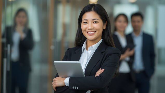 Confident asian businesswoman smiling with arms crossed holding a tablet computer with colleagues blurred in the background representing teamwork and success