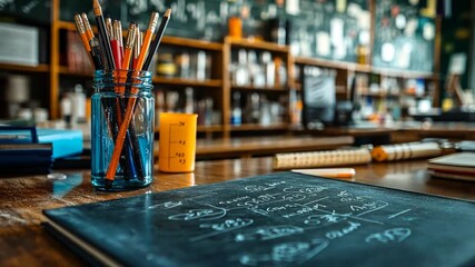 Colorful classroom scene with chalkboard and school supplies for educational content - Powered by Adobe