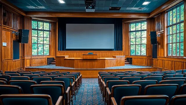 Spacious conference room with large projection screens and comfortable seating