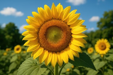 Sunflower with a big blossom in a lush garden