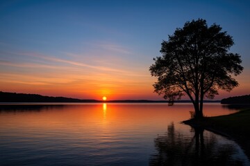 Evening glow over a peaceful lake scene