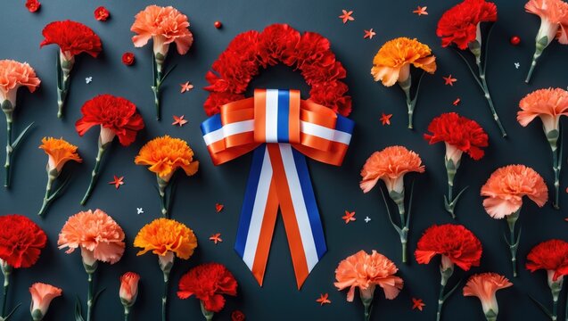 Holiday-themed wallpaper and layout for May 9 Victory Day, showcasing carnations and the iconic St. George ribbon, ideal for labels and designs