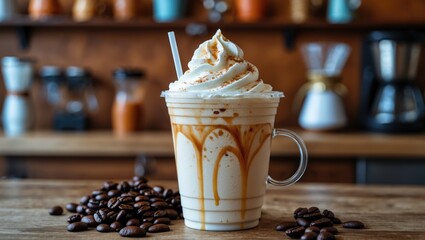 Close-up of a vanilla-flavored iced coffee in a clear plastic container