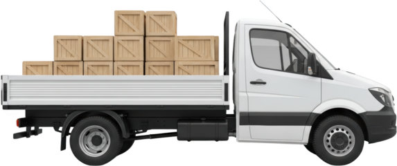 White flatbed truck carrying stacked wooden crates isolated for isolate vehicle transport logistics cargo