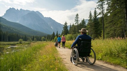 Man in wheelchair enjoying a scenic mountain view with family on a hiking trail, promoting accessible tourism and inclusive outdoor recreation
