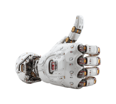 Robotic hand gesture display futuristic laboratory high-tech, isolated on transparent background, png