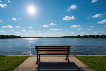 Seating area beside a vast river with a sunny daytime sky overhead