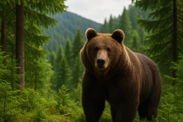 Forest scene featuring a brown bear