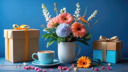 Decorative display featuring everlasting flowers, a coffee cup, and a present box against a blue background with empty space