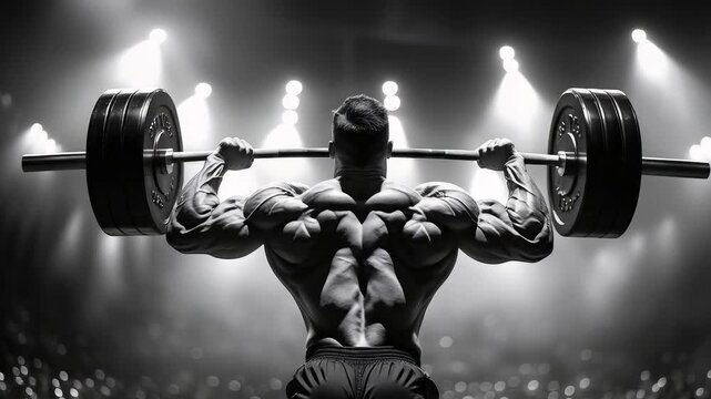 Muscular bodybuilder lifting heavy barbell on stage with dramatic spotlight illumination in black and white fitness strength competition