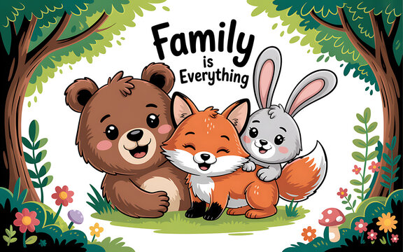 Photo of a charming illustration of a bear, fox, and rabbit embracing in a forest setting, with the message family is everything, conveying warmth