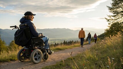 A man in a wheelchair enjoys an accessible hike with family, surrounded by stunning mountain scenery, promoting inclusive tourism and outdoor adventure