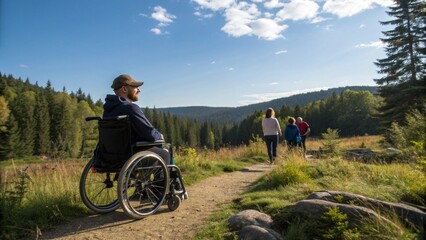 A man in wheelchair enjoying a hike with family, surrounded by stunning mountain scenery, promoting inclusive tourism and accessible outdoor adventure