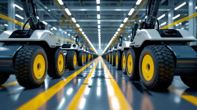 Row of modern construction vehicles with large yellow wheels aligned inside brightly lit industrial factory production hall perspective view