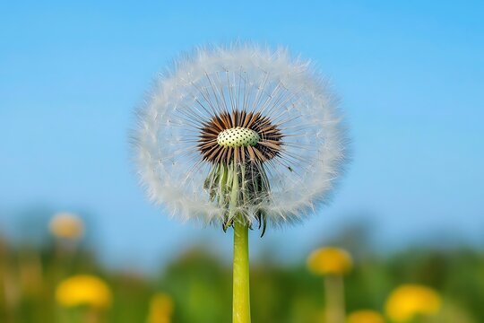 A detailed macro shot capturing the delicate structure of a dandelion seed head