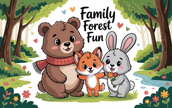Photo of a delightful cartoon illustration of a bear, fox, and rabbit enjoying family forest fun in a vibrant woodland setting
