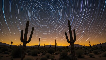 Mesmerizing star trails swirl above silhouetted saguaro cacti in a breathtaking desert night