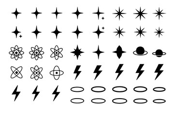 Naklejka premium Set of Y2K minimalist vector icons. Black graphic design elements featuring stars, sparkles, atoms, orbits, planets, and lightning bolts. Retro futuristic symbols.