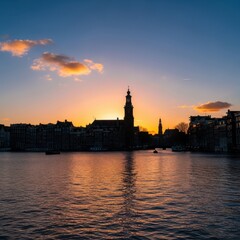 Golden hour over the canals of Amsterdam, Netherlands beautiful silhouette