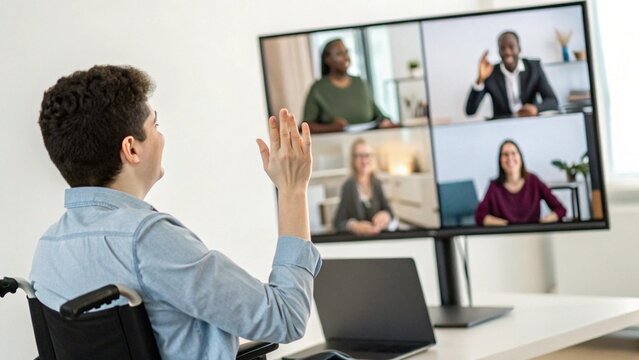 Woman in wheelchair waving during a video conference with diverse colleagues on a large screen, showcasing inclusive remote work - Powered by Adobe