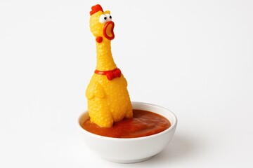 Simple white background showcasing a rubber chicken immersed in a dipping sauce