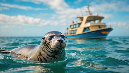 Obraz premium An aquatic animal trails a moving boat in the water