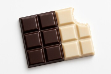 Fototapeta premium Isolated black and white chocolate bar showing a bite, set against a white background. Clipping path applied.