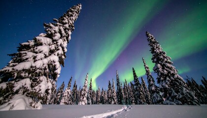 Northern Lights over a snowy forest