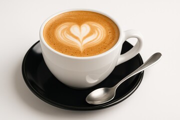 Obraz premium White background featuring a ceramic latte mug with a silver spoon resting beside it