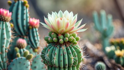 High-quality front view image capturing a vibrant blooming cactus