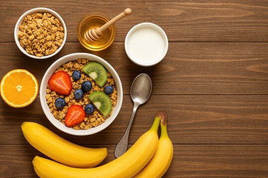 Top-down view of a granola breakfast mockup on wood with empty area for customization