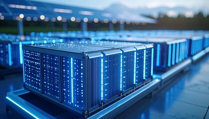 rows of futuristic glowing blue server racks in a data center with solar panels in the background