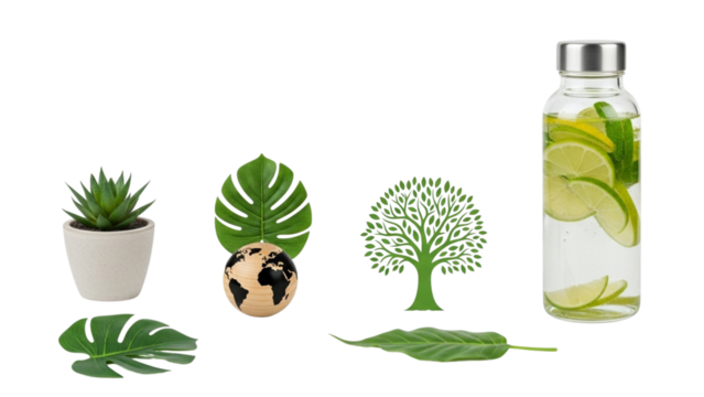 Embrace sustainable living with refreshing detox water, lush plants, and iconic symbols of nature and earth