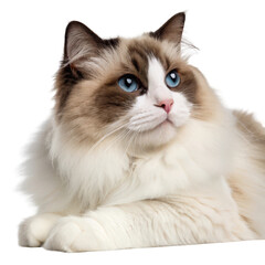 Beautiful ragdoll cat with striking blue eyes and fluffy white and brown fur isolated on transparent background