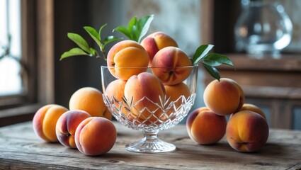 Elegant crystal vase filled with vibrant, ripe nectarines and peaches